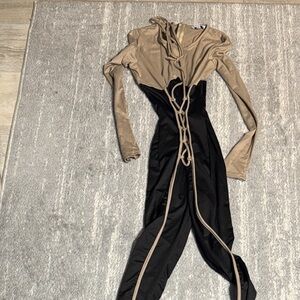 Fashion Nova Black and Tan Lace-Up Jumpsuit